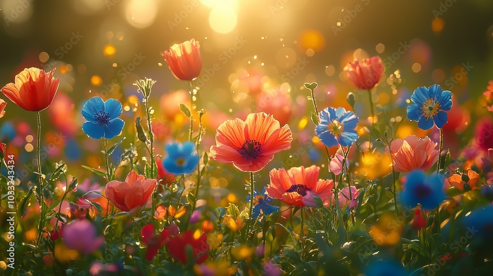 Colorful Wildflowers in a Meadow at Sunset Colorful Wildflowers in a Meadow at Sunset