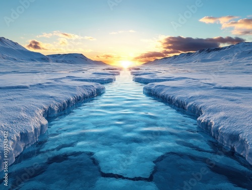 Stunning Symmetry of a Frozen River in Winter with Ice Patterns Reflecting the Cold Blue Sky, A Majestic Landscape of Natural Beauty