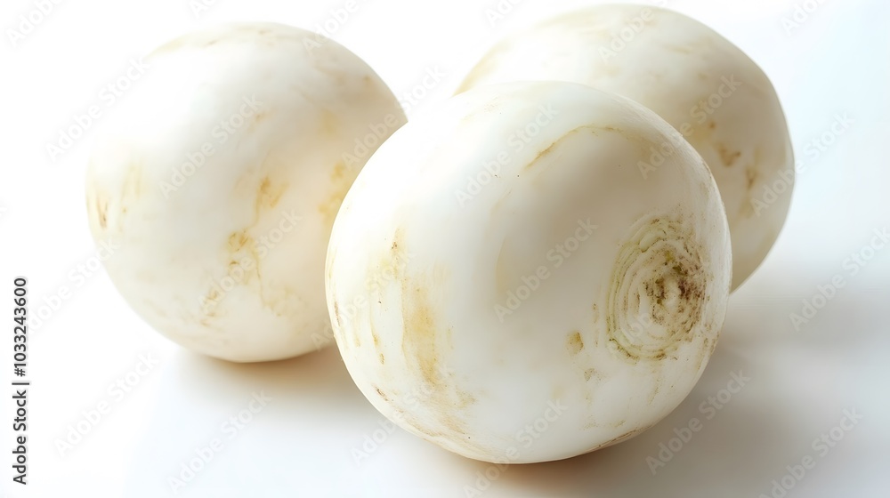 Fototapeta premium Fresh white round turnip radish on white background. 