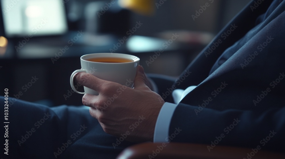 Businessman Relaxing with a Cup of Tea in the Office Businessman Relaxing with a Cup of Tea in the Office