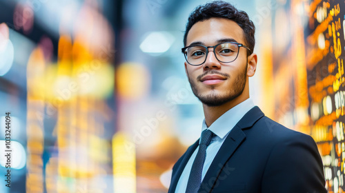 A young man dressed for work is shown against an artistic background. He represents a financial professional, perhaps an analyst or a clerk, working hard to succeed in the business world.