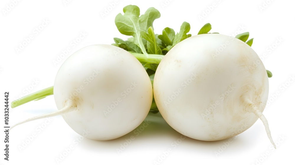 Fresh white round turnip radish on white background. Fresh white round turnip radish on white background.