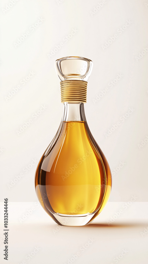 luxury glass perfume bottle with golden accents and yellow liquid on white background luxury glass perfume bottle with golden accents and yellow liquid on white background