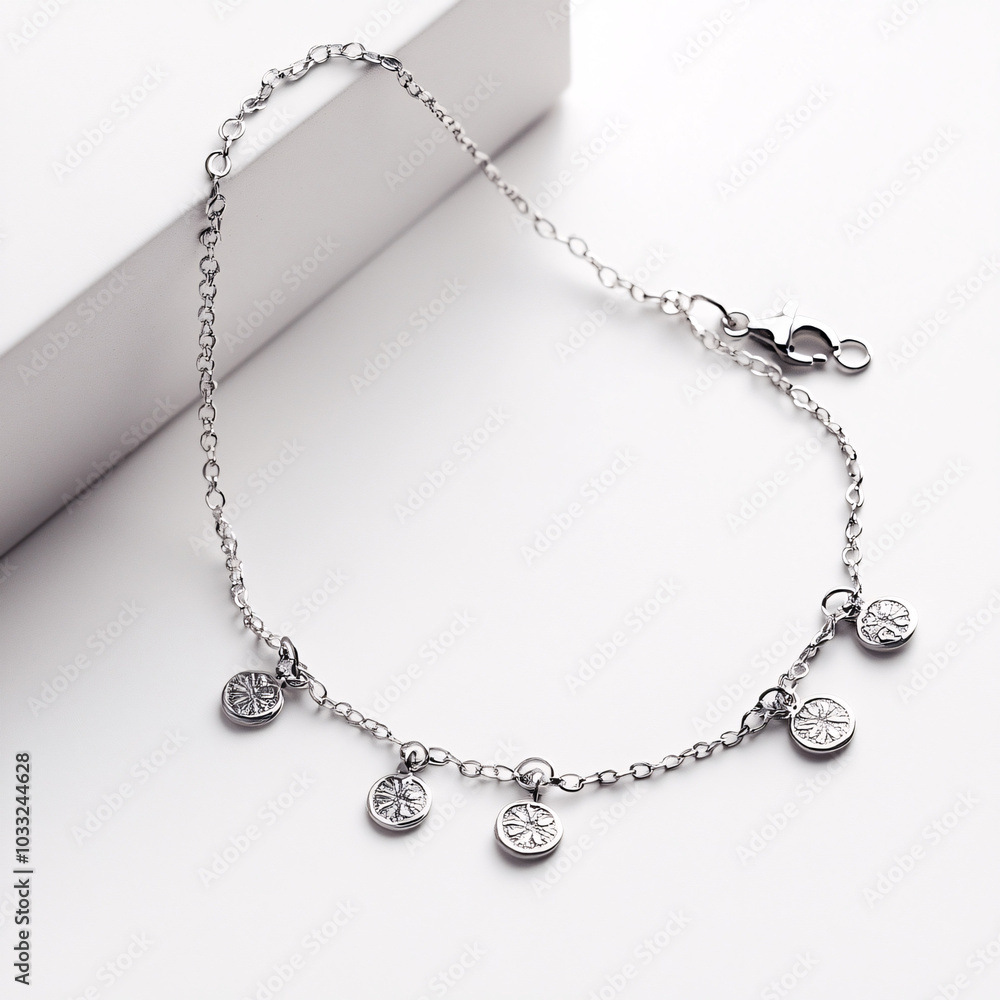 silver chain bracelet with circle charms on white background silver chain bracelet with circle charms on white background