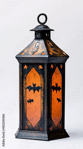 black and orange halloween lantern with bats and stars on white background