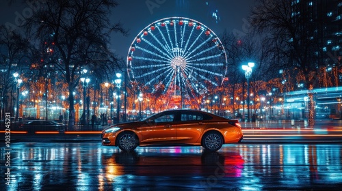 Orange Car Parked Underneath a Ferris Wheel at Night