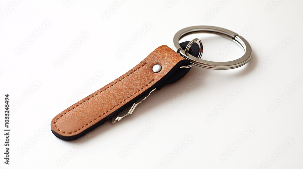 brown leather key ring with metal key chain isolated on white background brown leather key ring with metal key chain isolated on white background