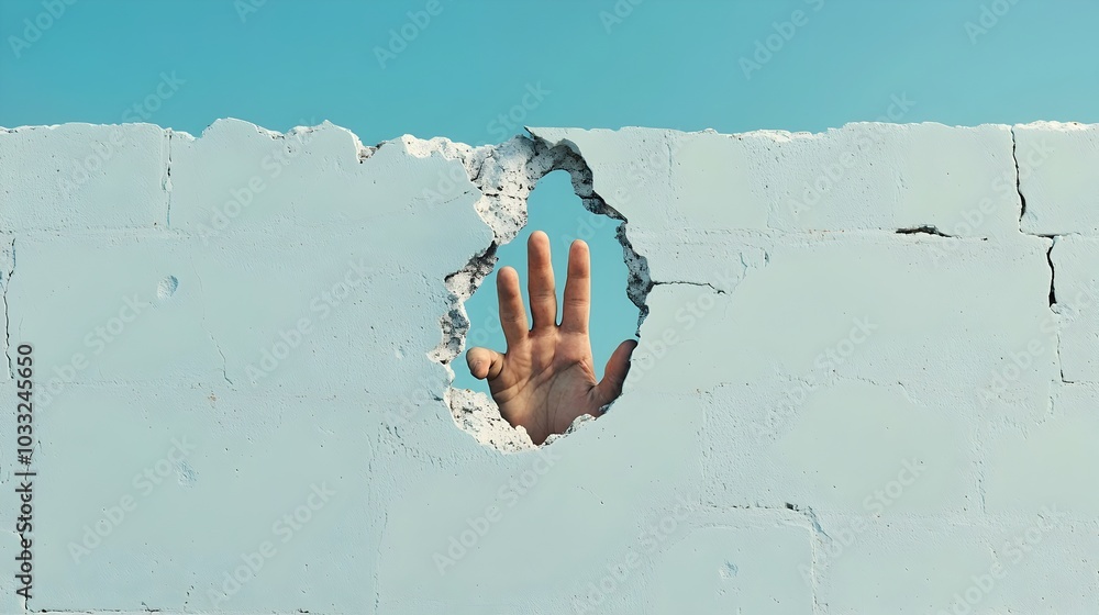Fototapeta premium Surreal digital depicting a giant disruptive hand breaking through and emerging from a concrete wall symbolizing the concept of overcoming obstacles barriers and challenges
