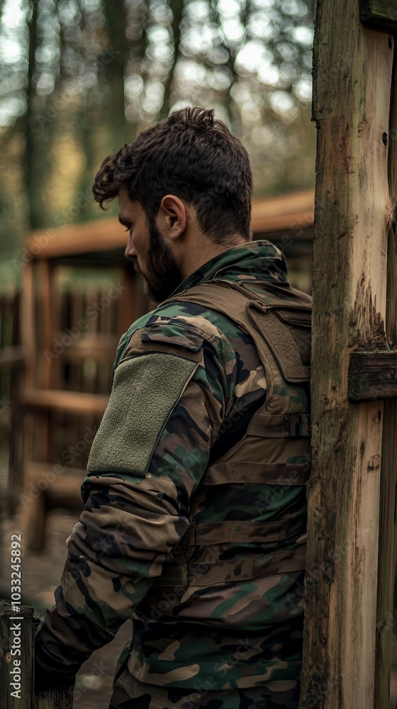 Military Man in Camouflage Uniform Standing Near Wooden Fence Military Man in Camouflage Uniform Standing Near Wooden Fence