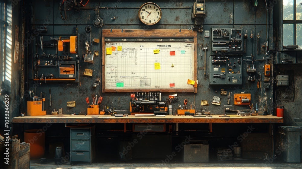 A cluttered workshop with tools, a clock, and a project board. A cluttered workshop with tools, a clock, and a project board.