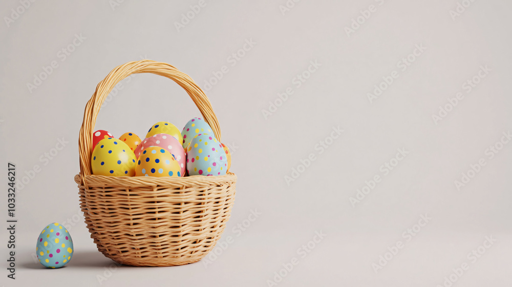 colorful easter eggs in a wicker basket on a white background colorful easter eggs in a wicker basket on a white background