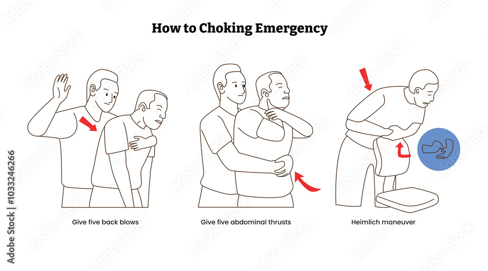 Set of Choking first aid infographic poster design for adult rescue, Heimlich maneuver procedure to remove a foreign object from person airways, Hands position and actions instruction. Set of Choking first aid infographic poster design for adult rescue, Heimlich maneuver procedure to remove a foreign object from person airways, Hands position and actions instruction.