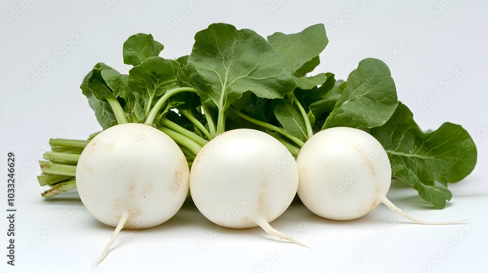 Fresh white round turnip radish on white background. Fresh white round turnip radish on white background.