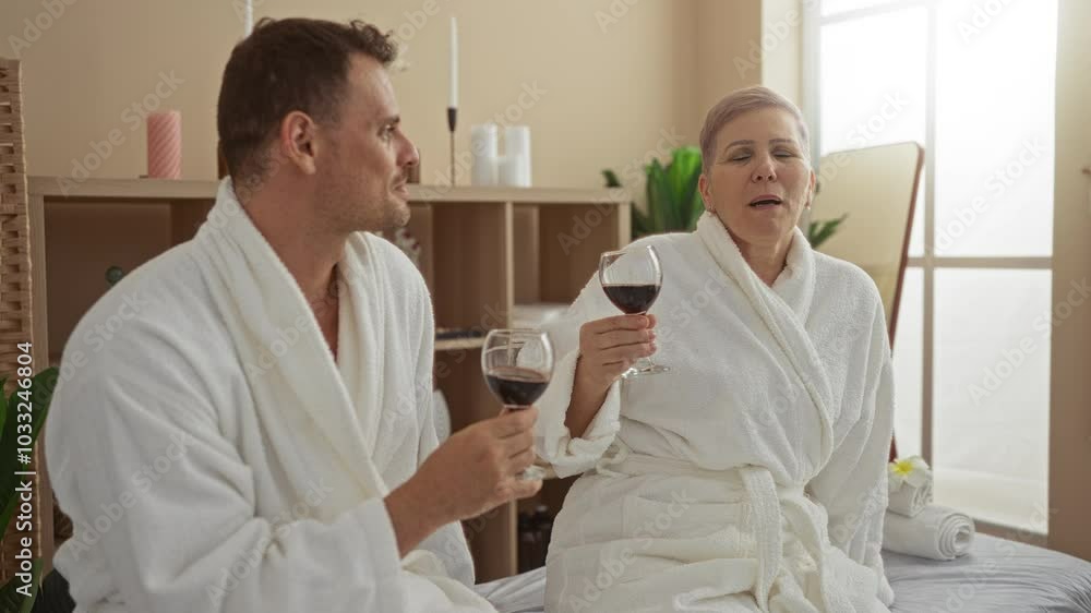 Man and woman in bathrobes enjoying wine together in an indoor spa room with candles and a relaxing atmosphere Man and woman in bathrobes enjoying wine together in an indoor spa room with candles and a relaxing atmosphere