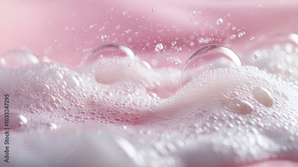Fluffy white shampoo bubbles against a soft pink background, emphasizing cleanliness and softness. Fluffy white shampoo bubbles against a soft pink background, emphasizing cleanliness and softness.