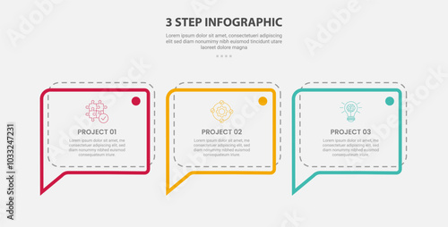 3 points template infographic outline style with 3 point step template with callout discussion box with dotted line for slide presentation