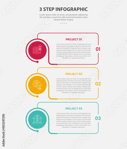 3 points template infographic outline style with 3 point step template with creative box with circle edge on vertical stack layout for slide presentation