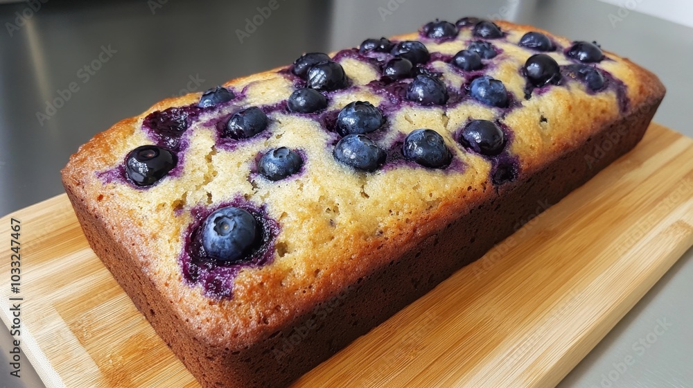 Fresh banana bread with juicy blueberries, served on a wooden cutting board, ready to be enjoyed. --chaos 10 Fresh banana bread with juicy blueberries, served on a wooden cutting board, ready to be enjoyed. --chaos 10