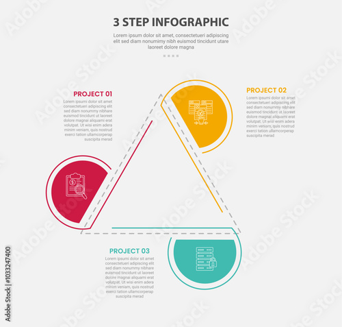 3 points template infographic outline style with 3 point step template with creative triangle structure with half circle edge for slide presentation