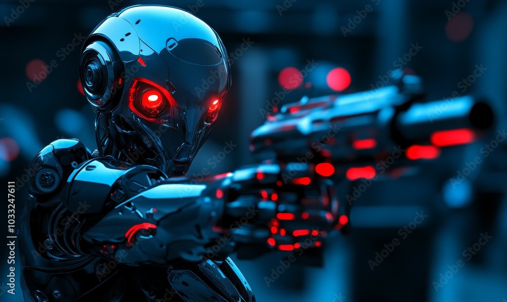 A robot aiming a gun with red eyes. A robot aiming a gun with red eyes.