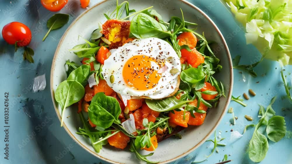 Fried egg on a piece of toast with salmon, tomatoes and greenery on a white bowl Fried egg on a piece of toast with salmon, tomatoes and greenery on a white bowl