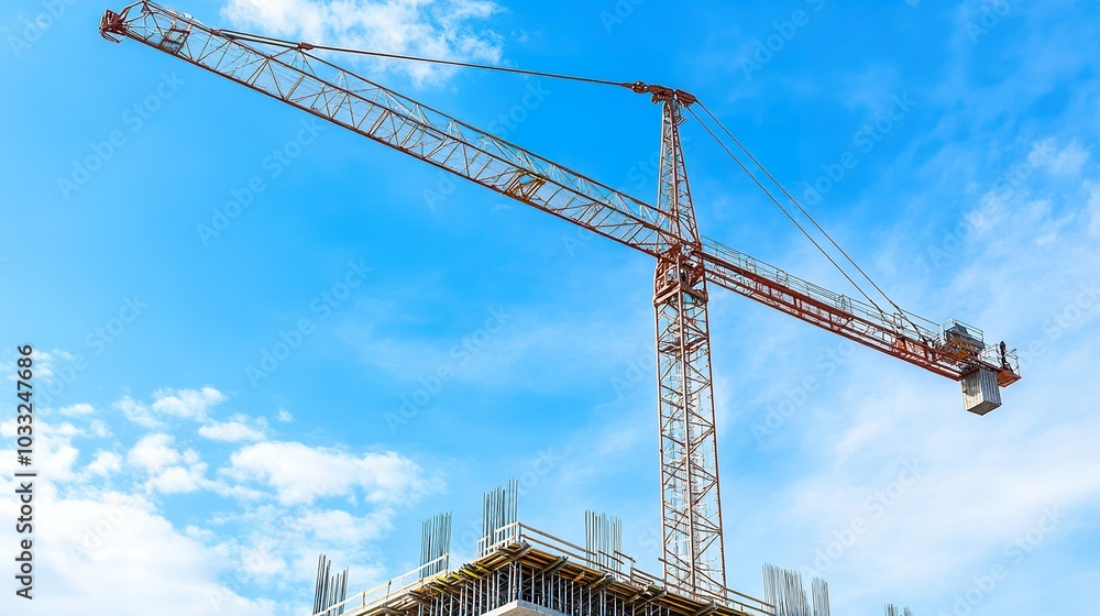A towering construction crane lifting steel beams at a high-rise building site, against a bright blue sky A towering construction crane lifting steel beams at a high-rise building site, against a bright blue sky