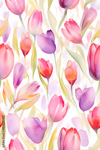 seamless boho tulip watercolor pattern, an elegant vintage floral for fabric, cards, and home decor