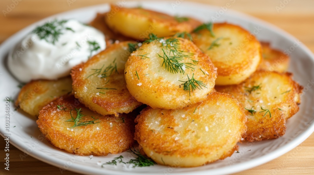 Golden brown potato pancakes garnished with fresh dill, served on a white plate, with a side of sour cream and a wooden background. Golden brown potato pancakes garnished with fresh dill, served on a white plate, with a side of sour cream and a wooden background.