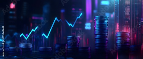 Wallpaper Mural Digital illustration of stacks of coins and blue arrows pointing up on a dark background, a financial stock market concept with a money growth graph chart in a virtual screen,  Torontodigital.ca