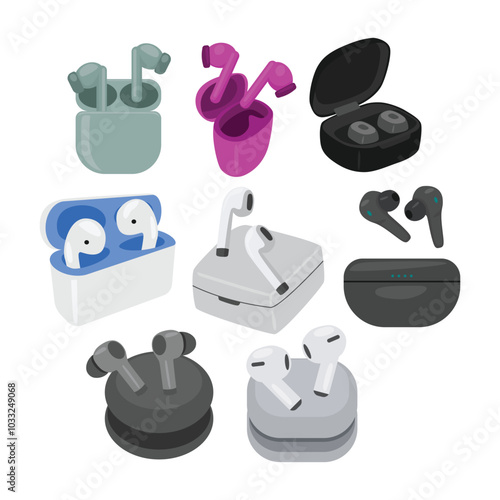 Set of airpods wireless headphones and case collection with various view or angle, earbuds icons cartoon isolated on white background, product Earphones, Vector flat illustration.