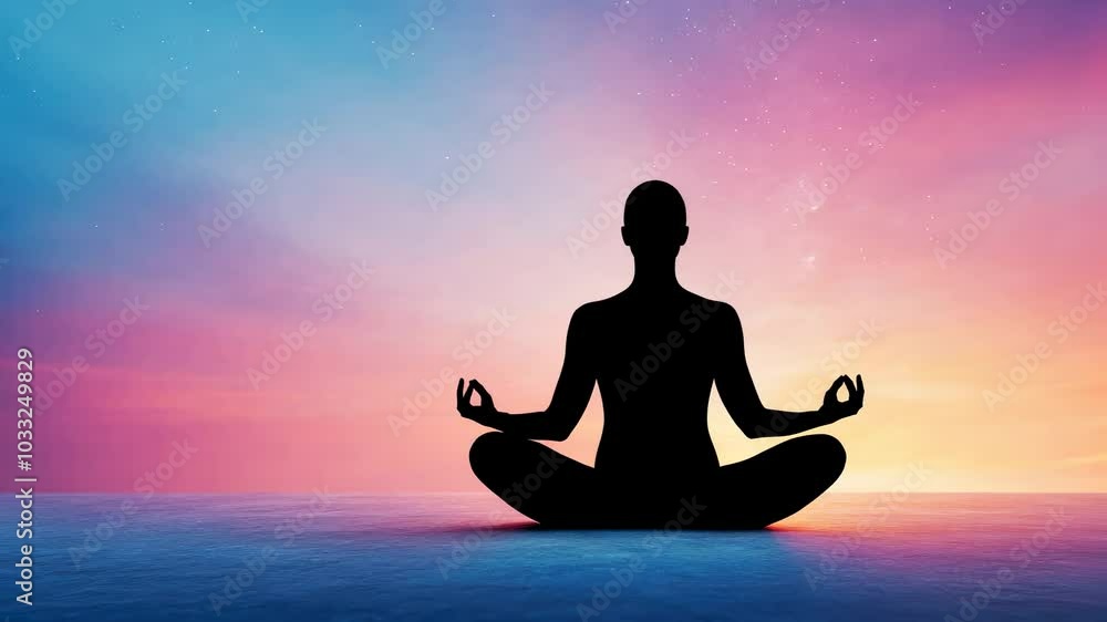 A silhouette of a person meditating against a colorful gradient background A silhouette of a person meditating against a colorful gradient background