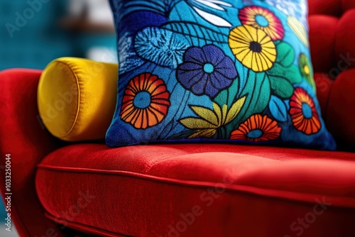 A vibrant red chair paired with a colorful floral patterned pillow, creating a lively and cozy atmosphere for modern and stylish interiors or living spaces. photo