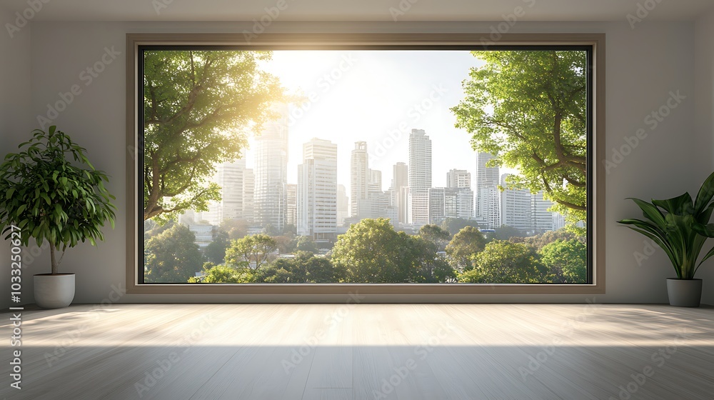 A serene urban escape bright sunlight streaming through a large window framing a lush green landscape against a city skyline A serene urban escape bright sunlight streaming through a large window framing a lush green landscape against a city skyline