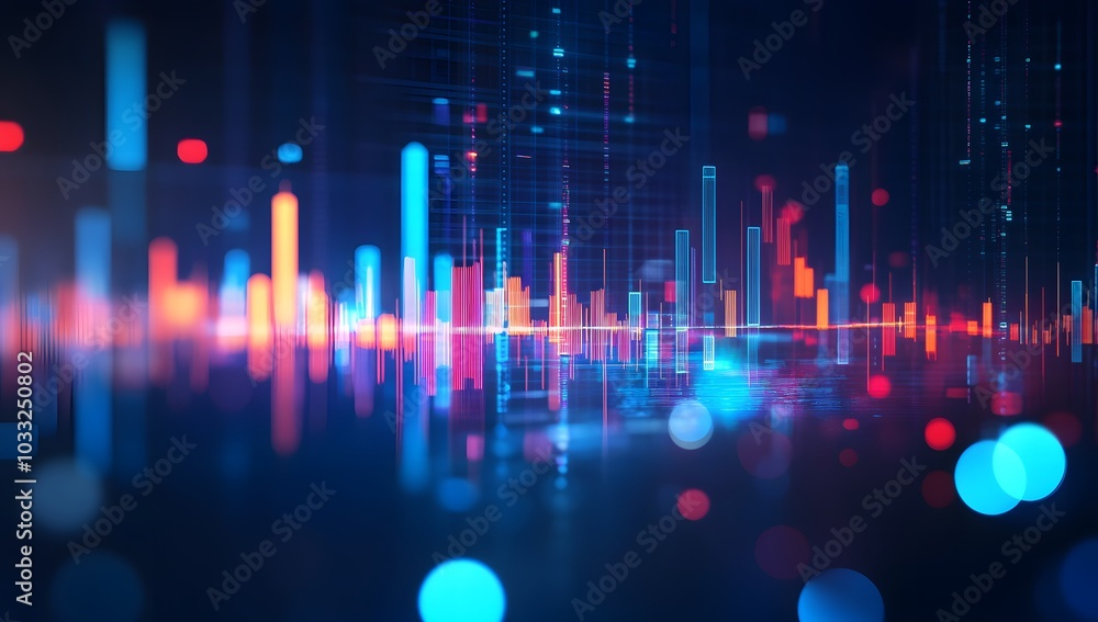 Digital stock market graph with candlestick chart and bar charts, dark blue background, bokeh effect. Digital stock market graph with candlestick chart and bar charts, dark blue background, bokeh effect.