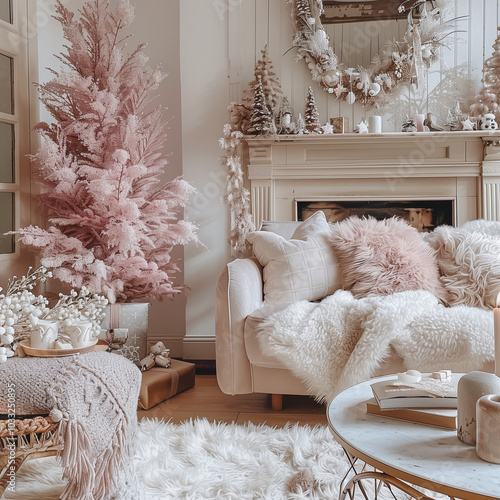 Un arbre de noël rose et blanc dans un salon