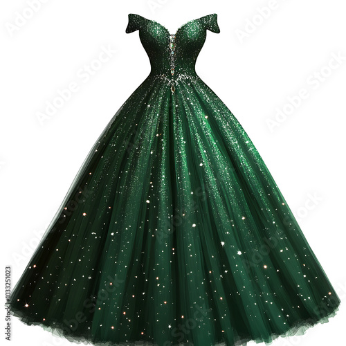 A green  floor length ball gown with a voluminous tulle skirt, green dress, green gown, fashion, isolated clipart