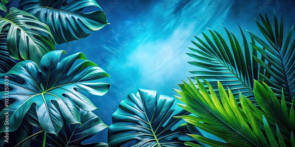 Abstract blue background of tropical leaves seen from a low angle Abstract blue background of tropical leaves seen from a low angle