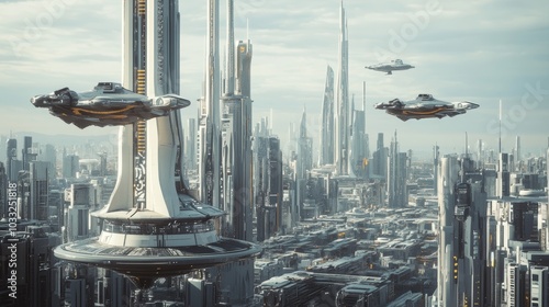 Futuristic city with flying vehicles.