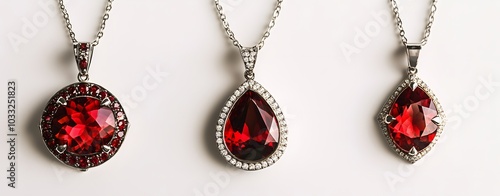 Four pendants with red stones in different shapes on a white background, with white gold chains and silver jewelry. 