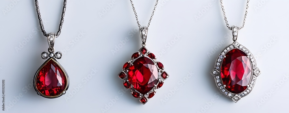 Four pendants with red stones in different shapes on a white background, with white gold chains and silver jewelry. Four pendants with red stones in different shapes on a white background, with white gold chains and silver jewelry.