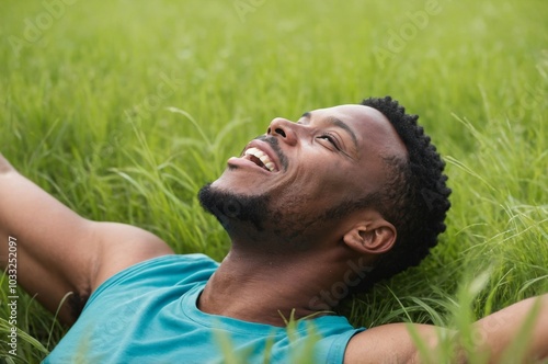 Smiling African American man lying in field of green grass