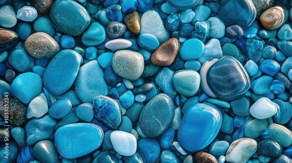 A close-up shot of a collection of smooth, blue, grey, and brown stones on the beach. A close-up shot of a collection of smooth, blue, grey, and brown stones on the beach.
