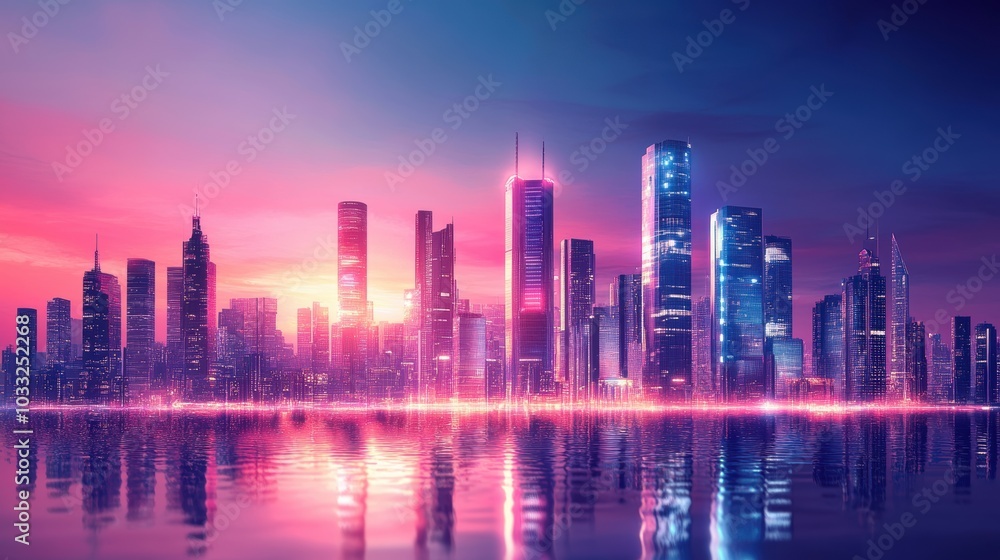 Neon city skyline reflected in water. Neon city skyline reflected in water.