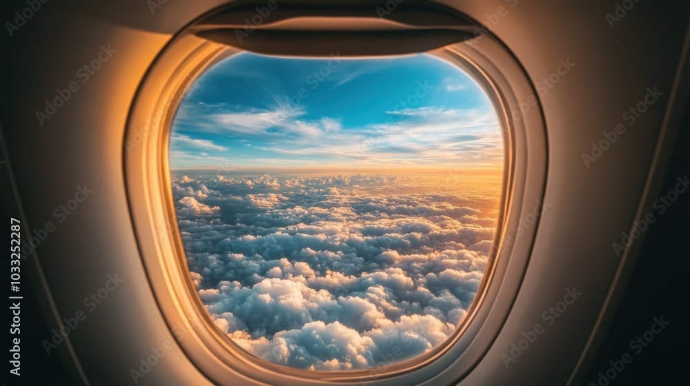The majestic view from the airplane window, with a sea of clouds below and a brilliant blue sky stretching endlessly above. The majestic view from the airplane window, with a sea of clouds below and a brilliant blue sky stretching endlessly above.