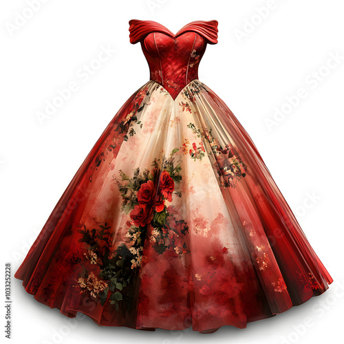 A glamorous  red off the shoulder ball gown with a full skirt isolated clipart , red dress, fashion , red ball gown
