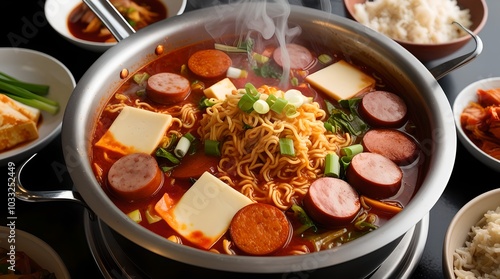 Hearty Budae-jjigae – Korean Army Stew with Sausages, Spam, and Noodles photo