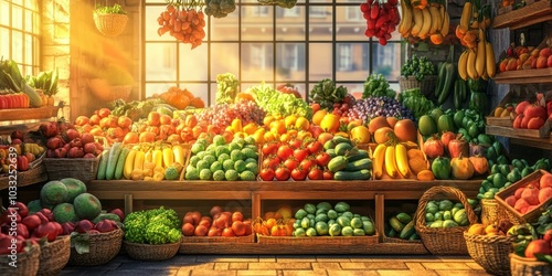 Fresh fruits and vegetables on display at a market.