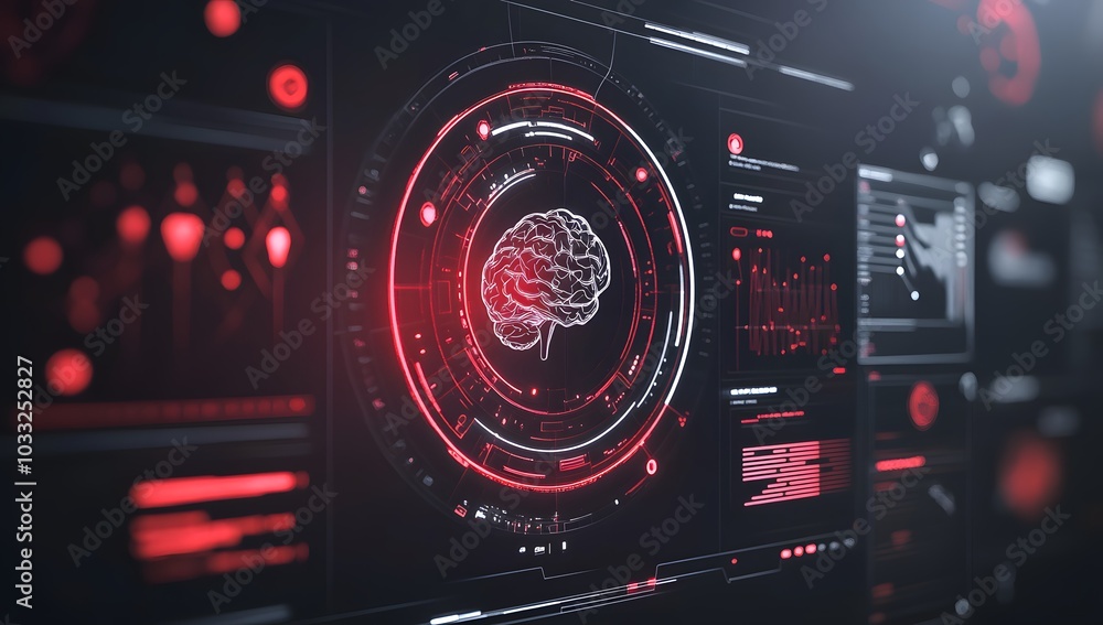 Fototapeta premium Futuristic holographic interface displaying cybersecurity data, with a red and black color theme. 