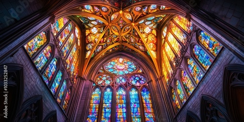 Stained glass windows in a church interior.