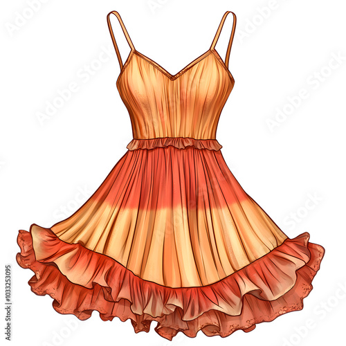 A summer sundress with spaghetti straps and a ruffled hem isolated clipart , orange dress, fashion

